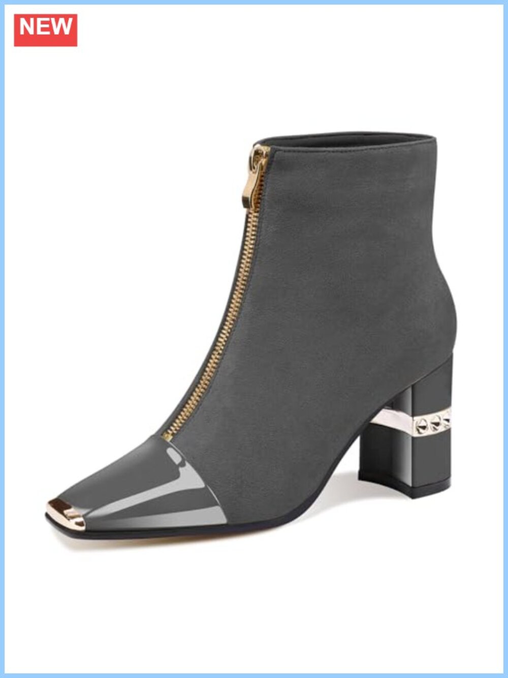 Women's Suede Ankle Boots Block Chunky Heels Metal Square Toe Booties